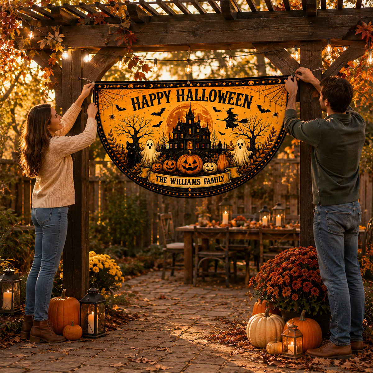 Personalized Happy Halloween Family Porch Banner Pumpkin Ghost Outdoor Fence Hanging - Spooky Haunted Mansion Personalized Porch Flag