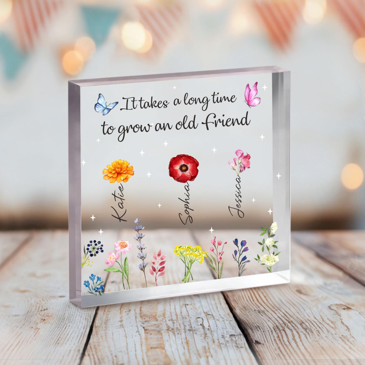 Custom Birth Month Flower Acrylic Plaque, Best Friend Friendship Bestie Gifts, Birthday Gifts, It Takes A Long Time To Grow An Old Friend