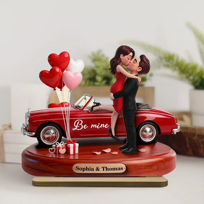 3D Kissing Couple Red Car Valentine's Day - Personalized Wooden Plaque With Flat Base - Anniversary Gift For Couple