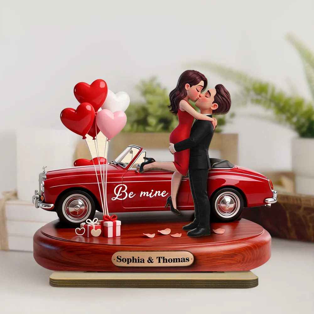 3D Kissing Couple Red Car Valentine's Day - Personalized Wooden Plaque With Flat Base - Anniversary Gift For Couple