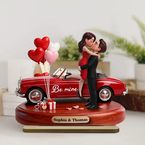 3D Kissing Couple Red Car Valentine's Day - Personalized Wooden Plaque With Flat Base - Anniversary Gift For Couple