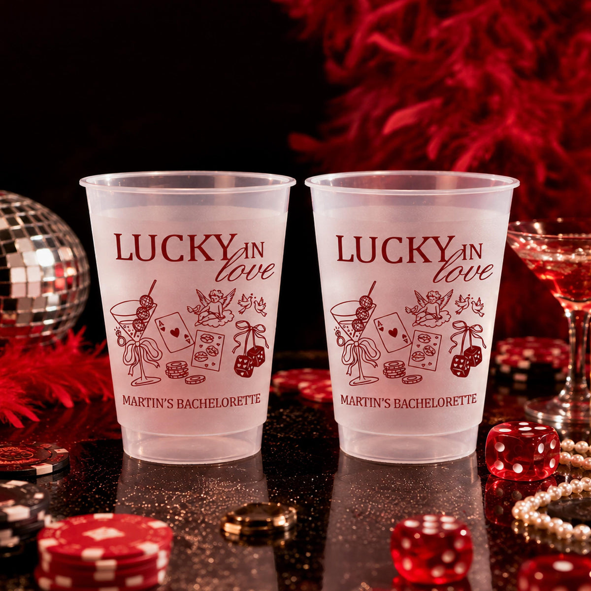 Personalized Lucky in Love Frosted Cups, Custom Las Vegas Bachelorette Party Cups, Casino Bach Weekend Favors, Vegas Girls Night Cups Favor