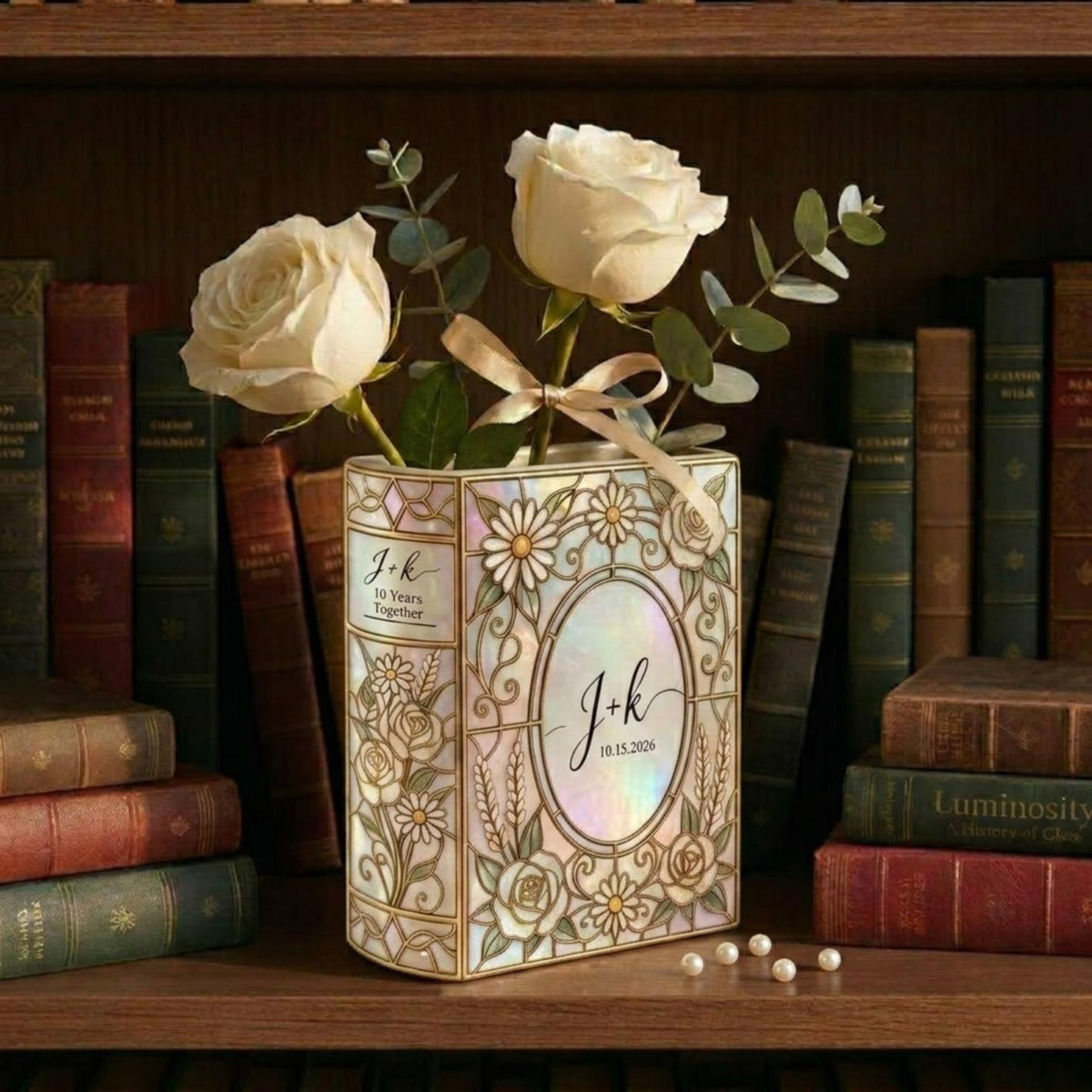 Personalized Engage Ceramic Book Vase, Custom Couple Initials Vase, Bookshelf Decor, Wedding Anniversary Gifts