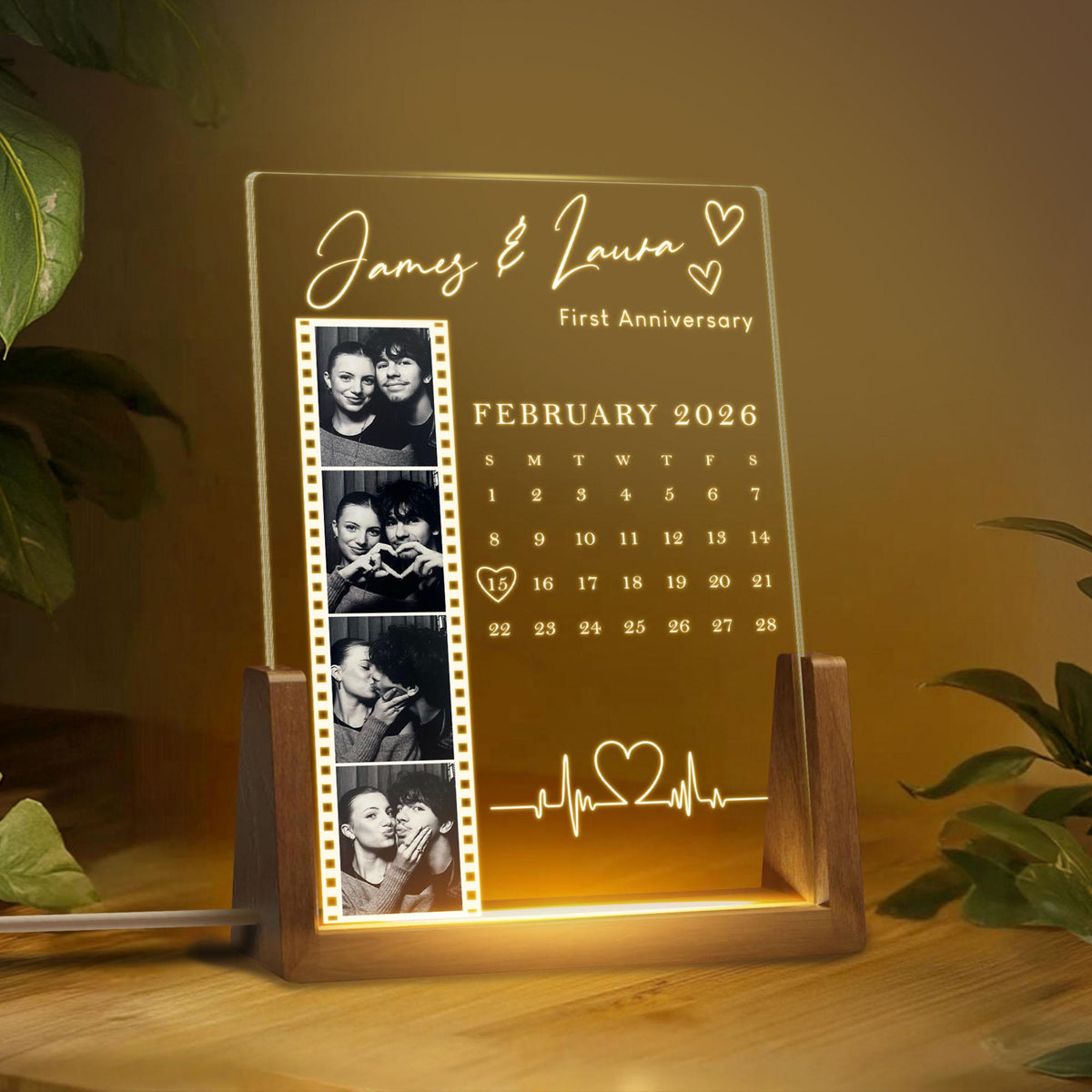 Anniversary Gift, Personalized Couple Photo Frame With Calendar LED Night Light, Birthday Gifts, Valentines Day Gift for Her, Anniversary Gift