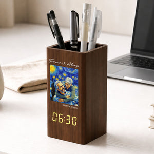 Personalized Photo Pen Holder Clock, Starry Night Custom Photo Wooden Desk Organizer with LED Digital Clock, Gift For Couple, Family