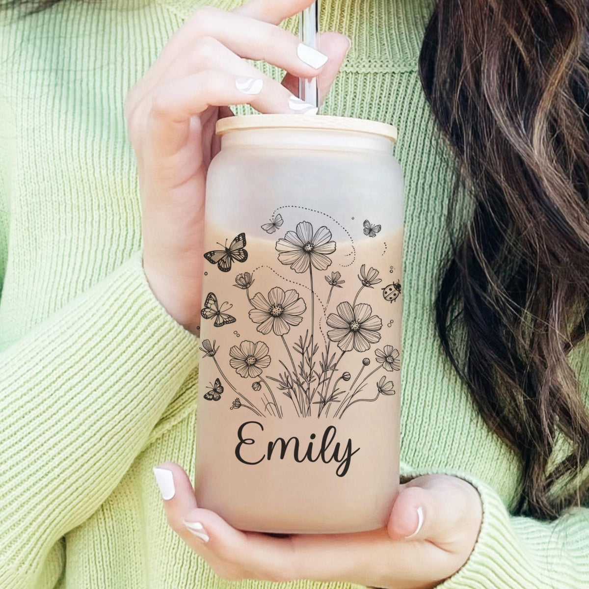 Personalized Birthflower Glass Tumbler, Birth Month Flower Glass Cup, Birthday Gift Iced Coffee Cup