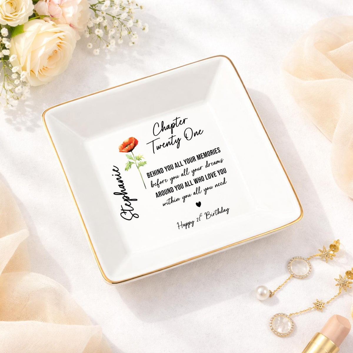 Personalized Birth Flower Jewelry Tray for 21st Birthday, Custom Name Ring Dish Gift for Her, 21st Birthday Gift Women