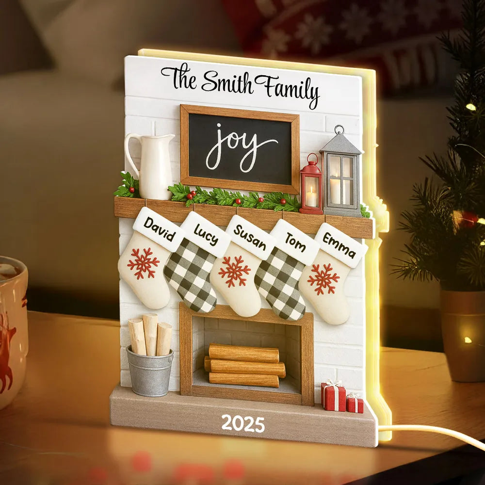 Family Fireplace Mantle Tree Home Stocking Stuffer - Personalized Light Box - Gift For Family, Christmas Home Decoration