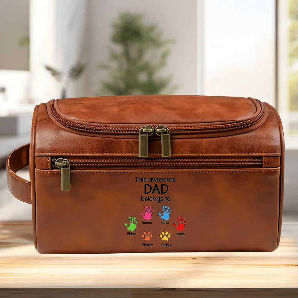 This Awesome Dad Belong To - Personalized Leather Toiletry Bag - Gift For Father, Grandpa, Father's Day Gift