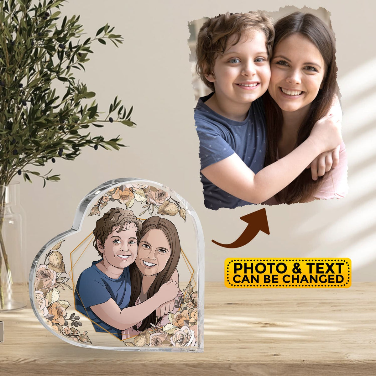 Portrait from Photo Mom Son Daughter - Personalized Heart Shaped Acrylic - Gift For Mom, Mother's Day, Birthday Gift