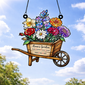 Grandma's Wheelbarrows Birth Flower Suncatcher, Grandma's Garden, Mom Gift, Birth Month Flower Stained Glass Acrylic Window Hanging, Mothers Day Gift