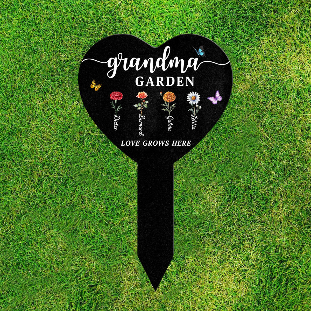 Personalized Grandma Garden Sign, Metal Flower Garden Stake with Grandkids' Names, Heart Shaped Yard Decor, Nana's Blessings