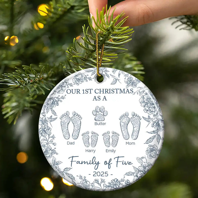 First Christmas As A Family Of Four Toile Footprints - Personalized Ornament - Gift For Family