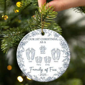 First Christmas As A Family Of Four Toile Footprints - Personalized Ornament - Gift For Family