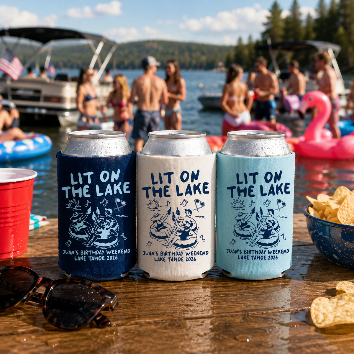 Lake Birthday Can Coolers, Personalized Lit On The Lake Drink Can Sleeves, Camping Birthday Party Favors, Outdoorsy Birthday