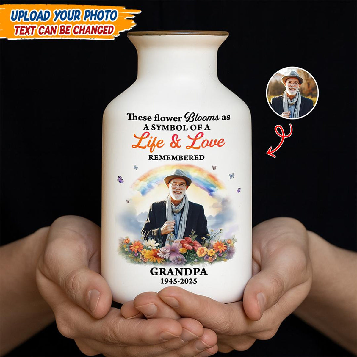 Rainbow Memorial Vase, Personalized Photo Vase, Sympathy Gift, In Loving Memory, Remembrance Gift for Loss of Loved One, Grief Gift