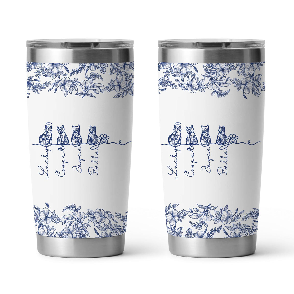 Custom Cat Tumbler, Personalized Cat With Name Tumbler, Toile De Jouy Cat Line Art Mug, Gift For Cat Owner, Pet Memorial Pet Loss Keepsake