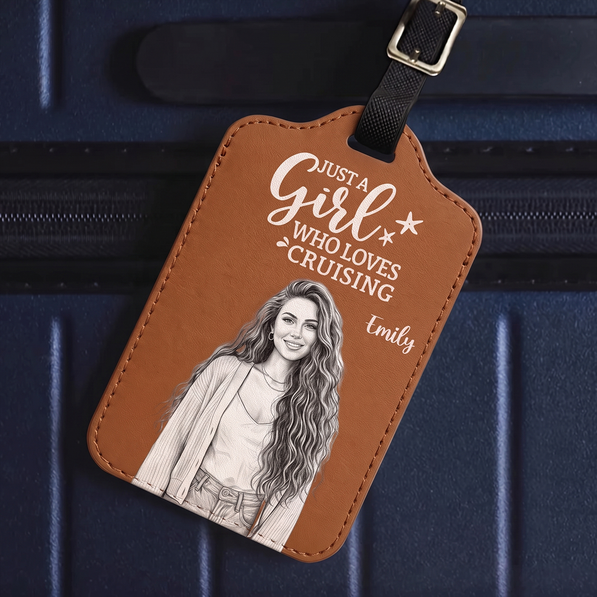 Custom Photo Bold Sketch Couple Besties Dog Cat Funny Portrait - Personalized Leather Luggage Tag