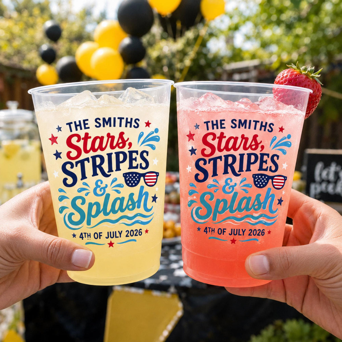 Personalized Pool Party Plastic Cups, Custom Stars Stripes and Splash Cups, 4th of July Family Pool Party Cups