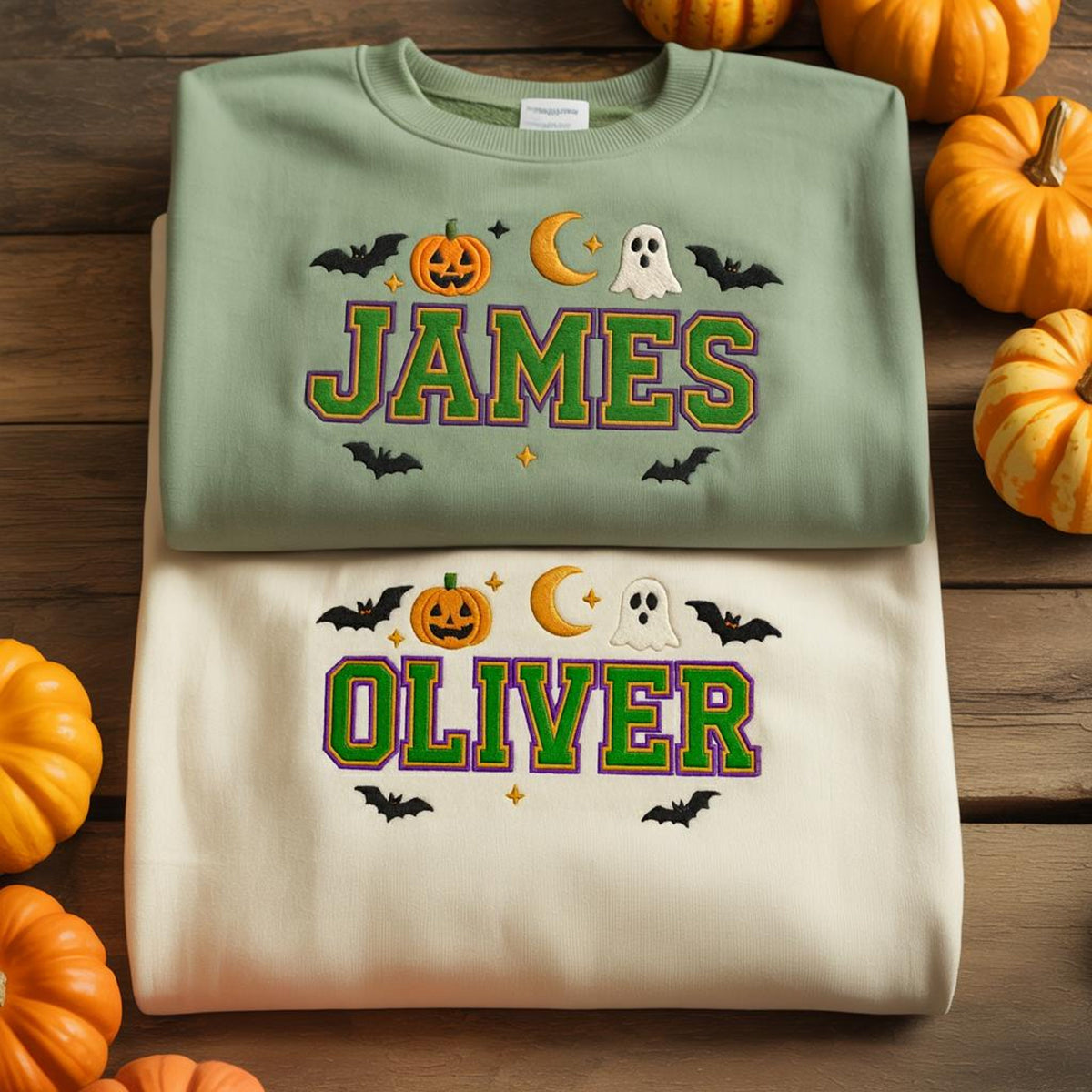 Personalized Kids Halloween Sweatshirt, Embroidered Name Pumpkin Ghost Fall Shirt, Custom Halloween Crewneck
