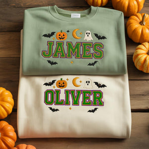 Personalized Kids Halloween Sweatshirt, Embroidered Name Pumpkin Ghost Fall Shirt, Custom Halloween Crewneck