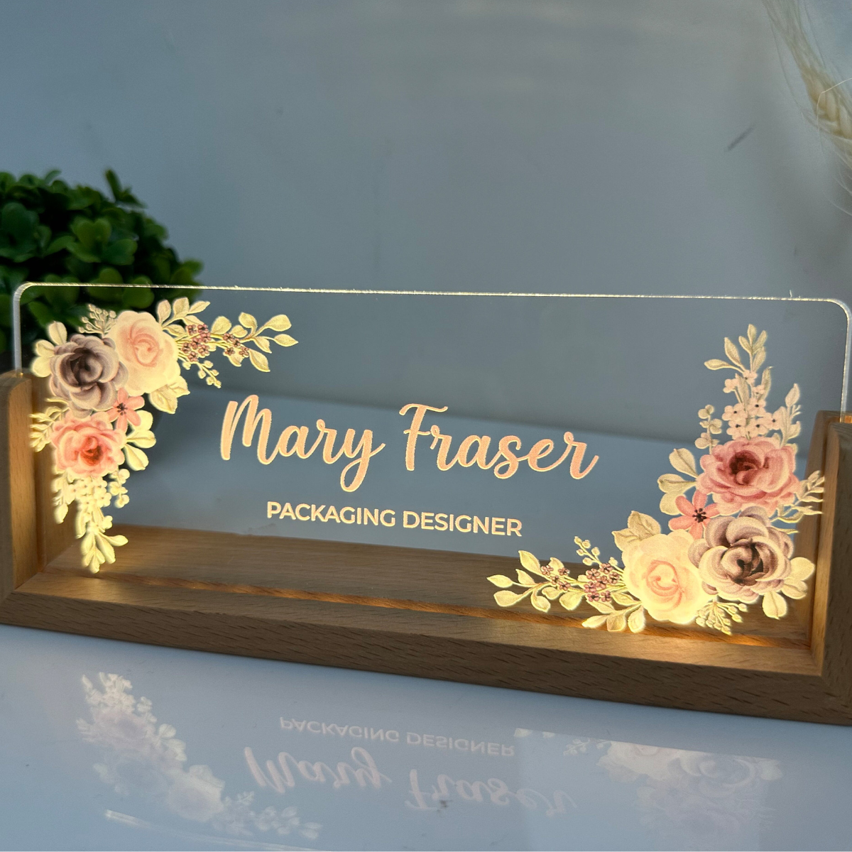 Personalized Desk Name Plate With Wooden Base, Lighted LED Light Nameplate, Desk Accessories, Office Gifts for Boss Coworkers, New Job Gifts