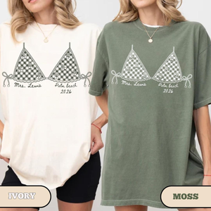 Personalized Bikini Graphic Bachelorette Shirt, Summer Top Coverup, Coastal Bachelorette Shirt, Custom Mrs Shirt, Beach Bach Party Tee