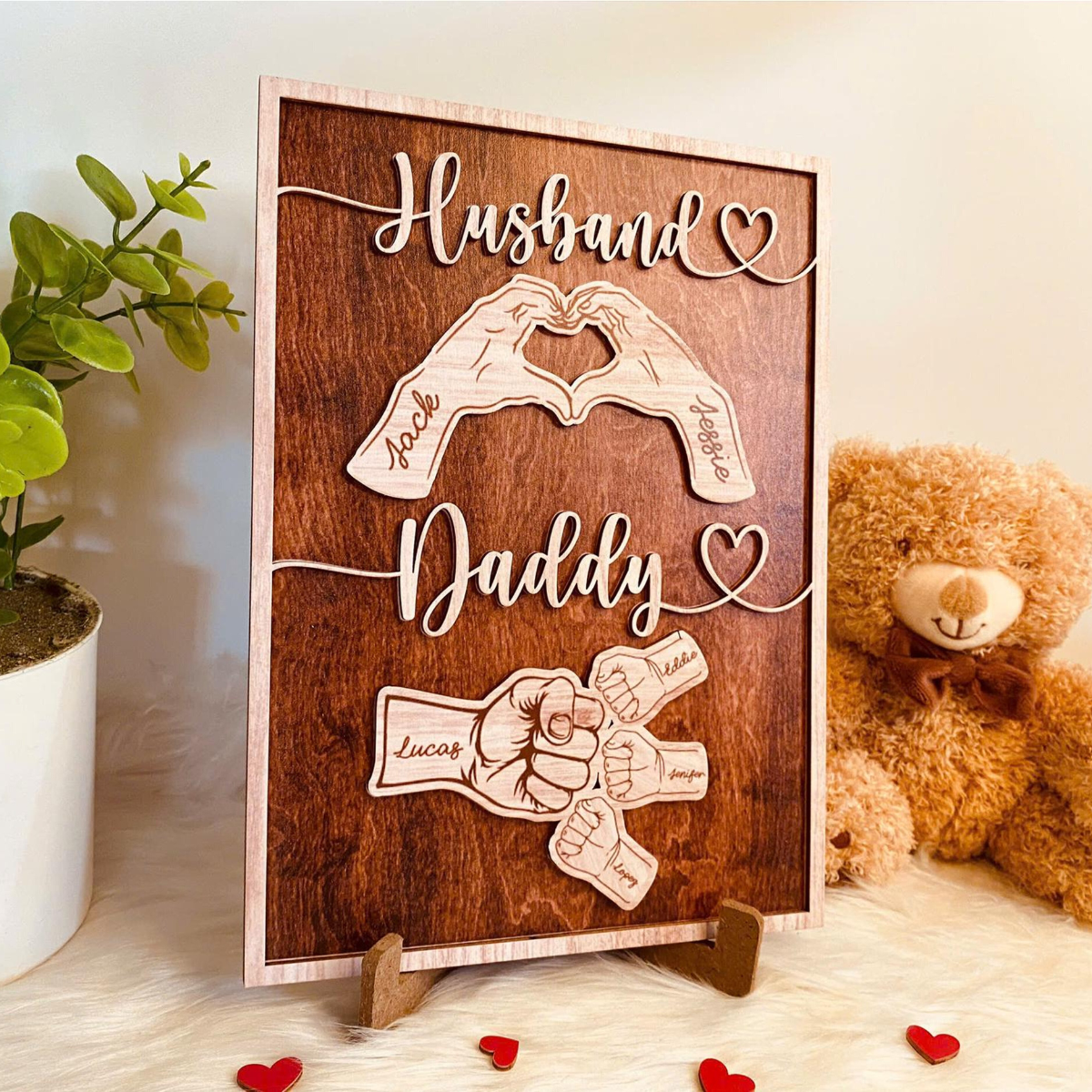 Personalized Dad Wooden Sign, Custom Kid's Name Wooden Sign, Fist Bump Husband Wood Sign, Father's Day 2025 Gift For Dad