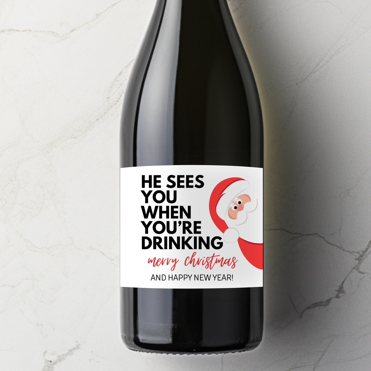 Funny Christmas Wine Label, Custom Secret Santa Gift, Holiday Stocking Stuffer, Personalize White Elephant, He Sees You When You're Drinking