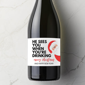 Funny Christmas Wine Label, Custom Secret Santa Gift, Holiday Stocking Stuffer, Personalize White Elephant, He Sees You When You're Drinking