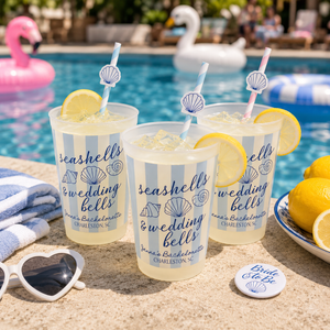 Personalized Seashells and Wedding Bells Plastic Cup, Seashell Bachelorette Cup, Coastal Bachelorette Drinkware, Beach Club Stripes Cup