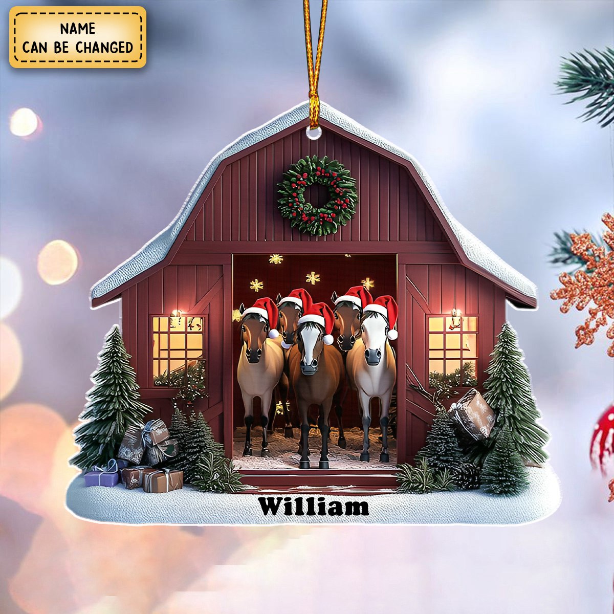 Christmas Horse Barn - Personalized Shaped Ornament - Gift For Farmhouse, Horse Lover