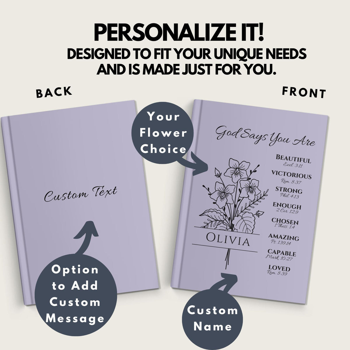 Teen Baptism Gift for Girl Personalized Prayer Journal with Name & Flower Choice, Positive Affirmations Christian Book, Confirmation Gift
