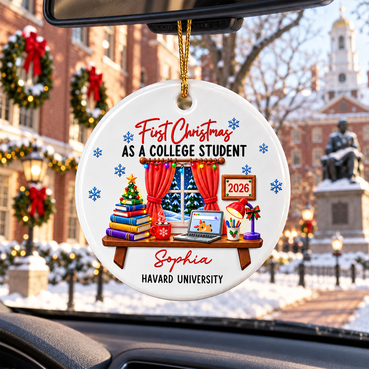 College Student With Desk Design - Personalized Ceramic Ornament - Christmas Gift For New Student, Boy, Girl