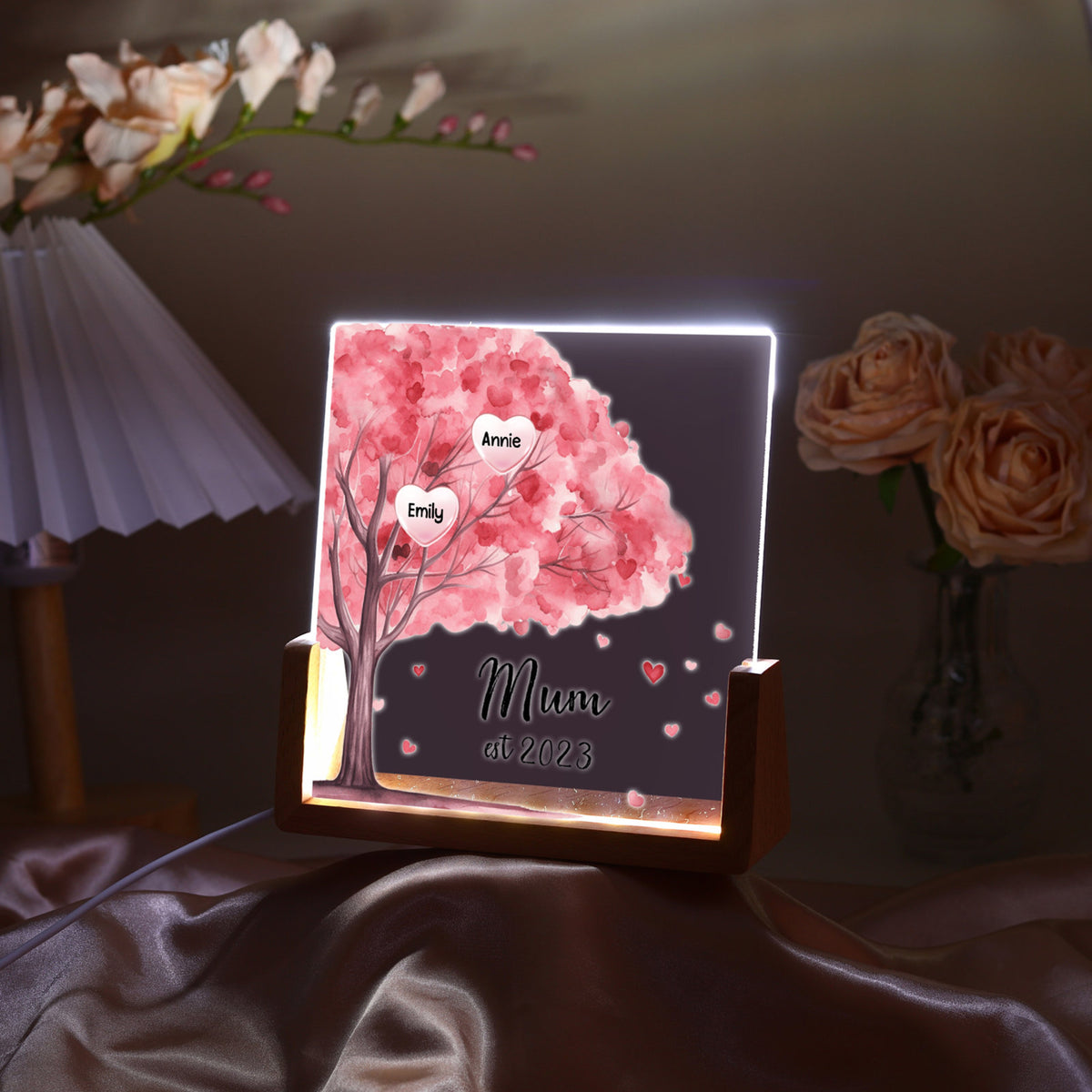 Pink Tree With Kids Name - Personalized Desk Name Plate - Mother's Day Gift For Mom, Grandma