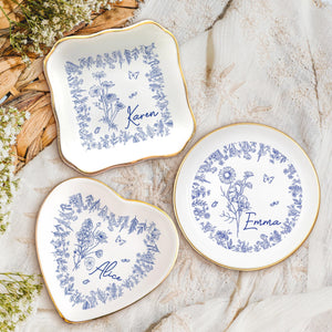 Personalized Birth Flower Trinket Dish, Custom Ceramic Jewelry Tray, Birthday Gift For Her