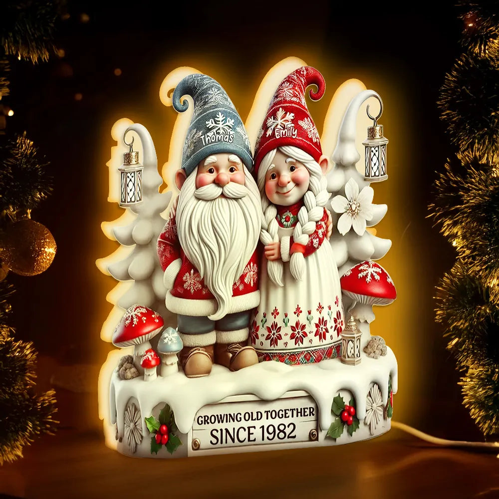 3D Effect Christmas Gnome Couple Growing Old Together - Personalized Acrylic Light Box - Christmas Gift For Couple