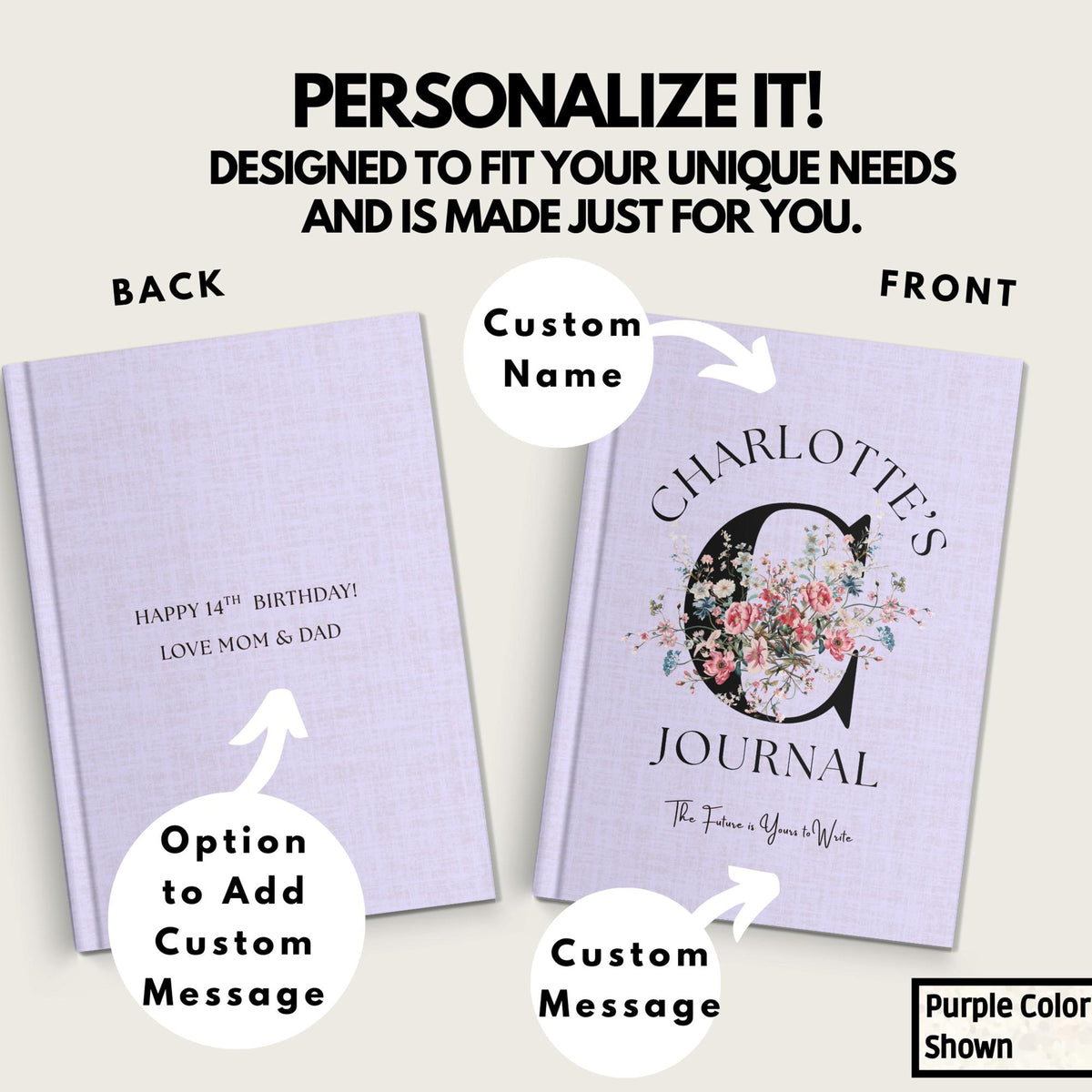 Personalized Floral Journal, Custom Monogram Name Notebook, Teen Girl Birthday Gift from Parents, Niece Keepsake Book, Initial Journal