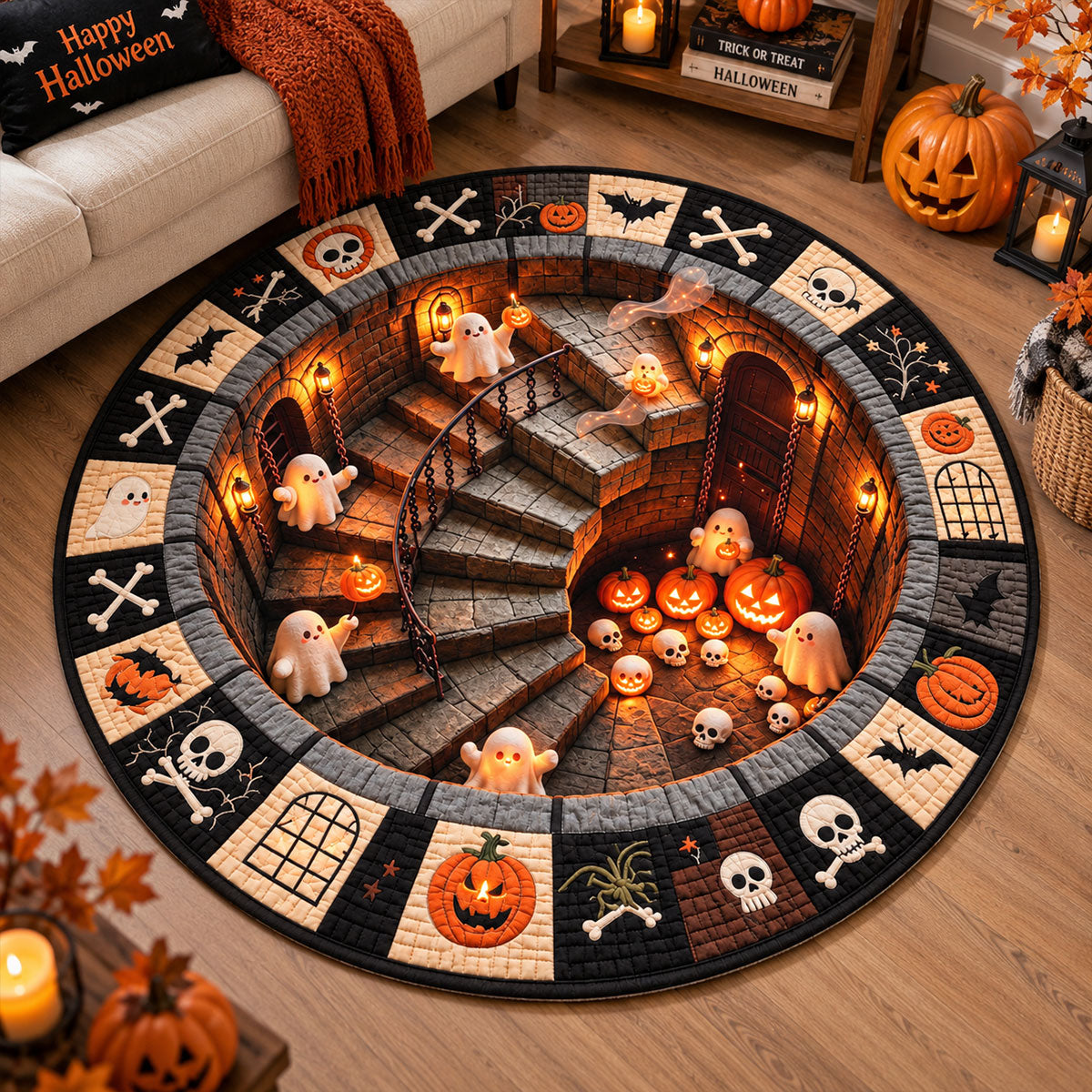 Halloween Round Quilted Rug, 3D Spooky Dungeon Illusion Rug, Ghost and Pumpkin Rug
