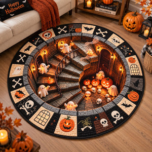 Halloween Round Quilted Rug, 3D Spooky Dungeon Illusion Rug, Ghost and Pumpkin Rug