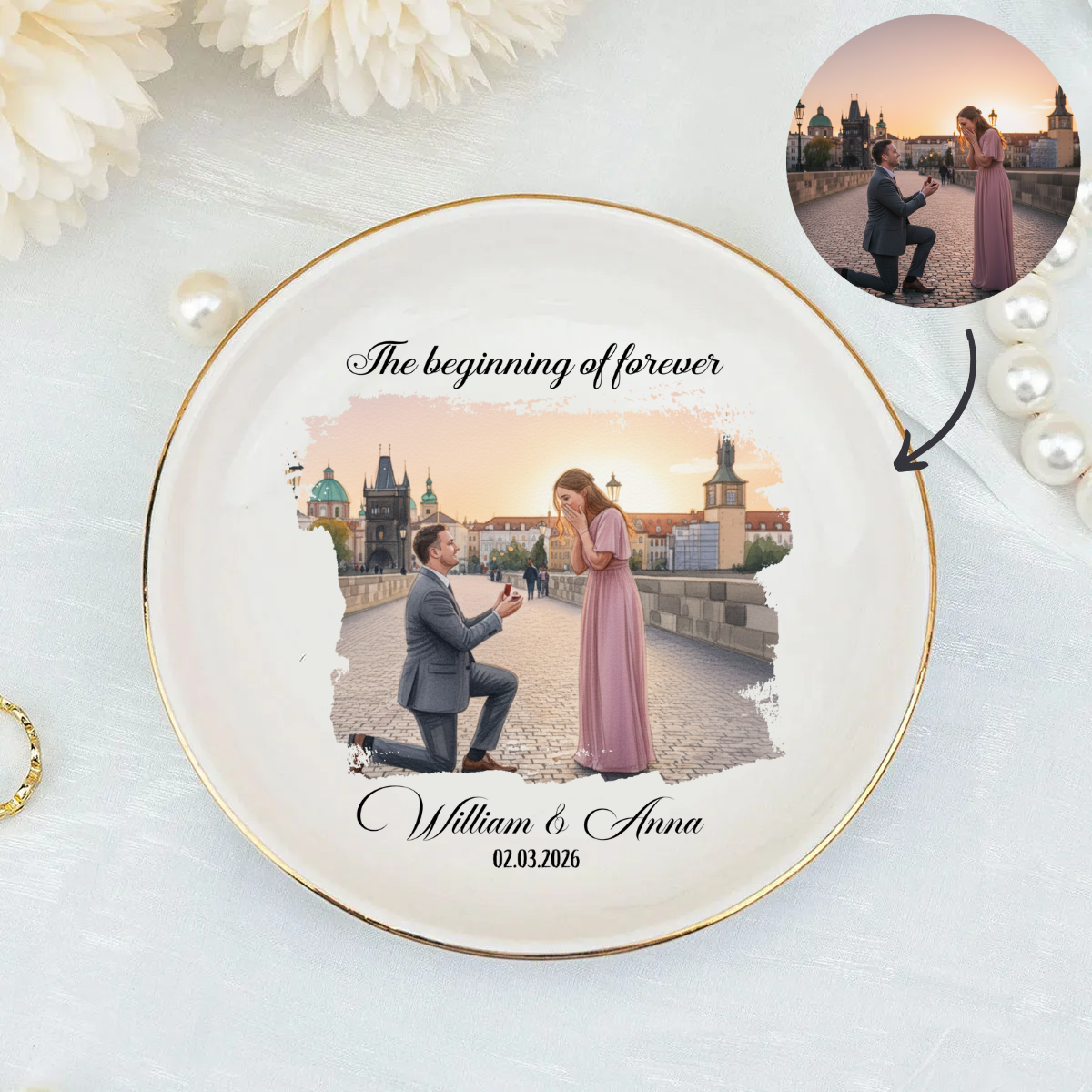 Personalized Proposal Photo Jewelry Dish - Custom Water Color Illustrated Engagement Keepsake Ring Tray with Names & Engaged Date