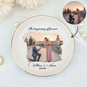 Personalized Proposal Photo Jewelry Dish - Custom Water Color Illustrated Engagement Keepsake Ring Tray with Names & Engaged Date
