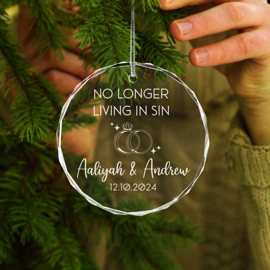 Custom No Longer Living In Sin Ornament, Just Married Christmas Ornament, First Year Married Gift for Newlyweds, Anniversary Gift for Couple