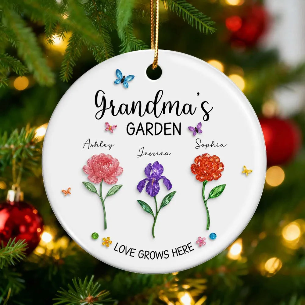 Grandma's Garden Custom Birth Month Flower - Personalized Ceramic Ornament - Heartfelt & Thoughtful Christmas Gift for Grandma