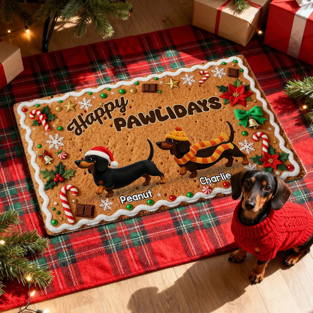 3D Effect Christmas Happy Pawliday Dachshunds Walking Gingerbread Cookie Theme - Personalized Doormat - Christmas Gift For Family