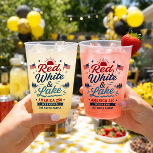 Red White and Lake Plastic Cups, Personalized Lake Weekend Stadium Cups, Custom America 250 Family Party Favors
