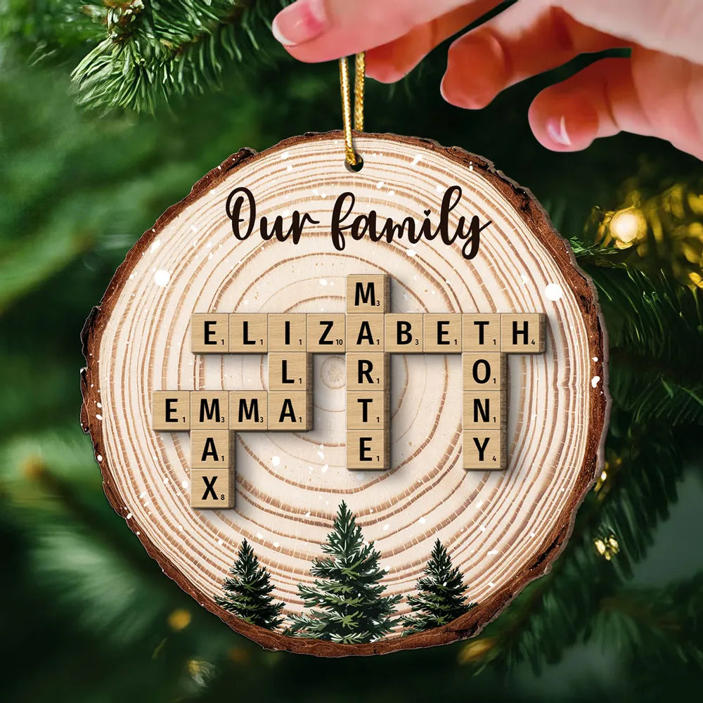 Christmas Tree Wood Pattern Family Names Puzzle Crossword - Personalized 2-Layer Wooden Ornament - Christmas Gift For Family