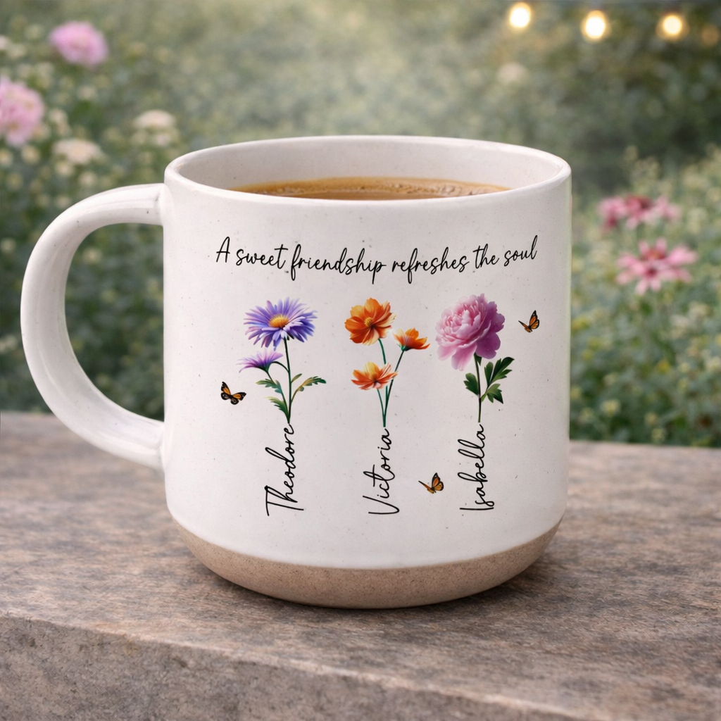 A Sweet Friendship Refreshes The Soul Besties Birth Flower - Personalized Pottery Mug - Friendship Gift For Best Friends
