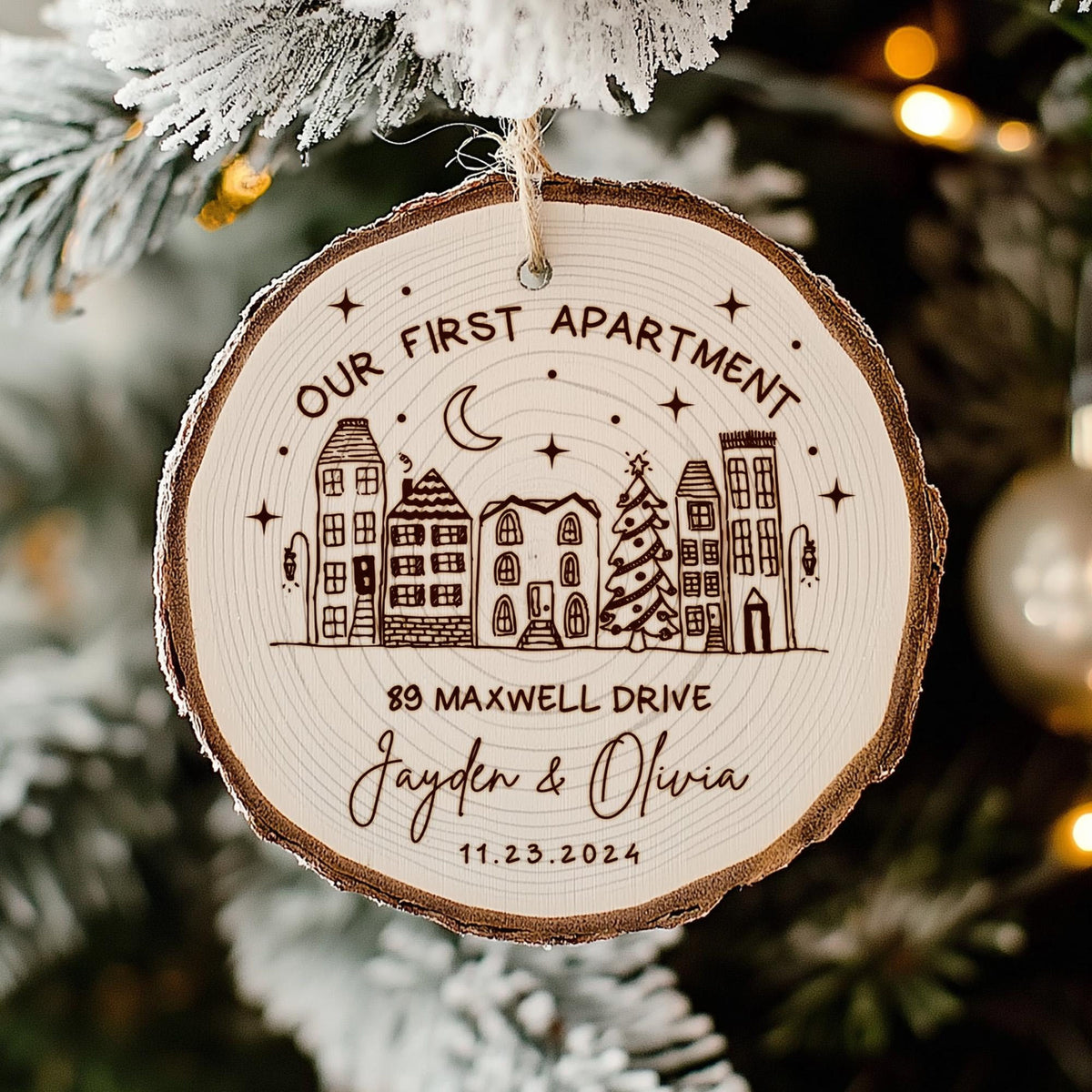 Custom Apartment Warming Gift, Our First Apartment Wooden Christmas Ornament, New Address Ornament, New Home Gift for Couples