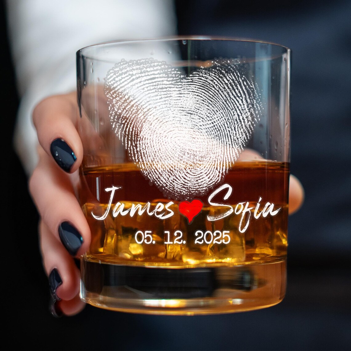 Personalized Fingerprint Heart Whiskey Glass, Custom Couple Gift